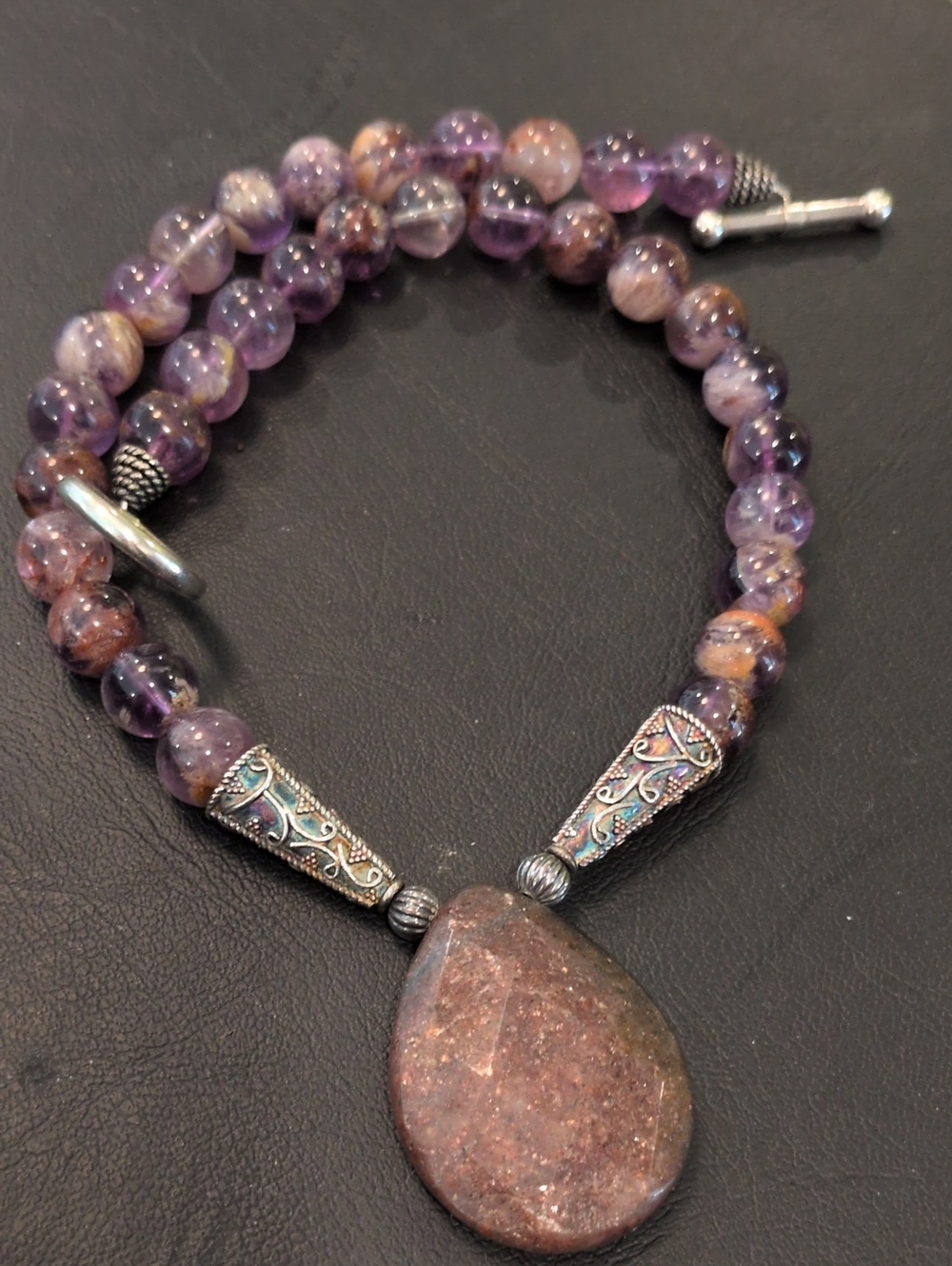 Beaded Auralite And Muscovite Stone Pendant Necklace